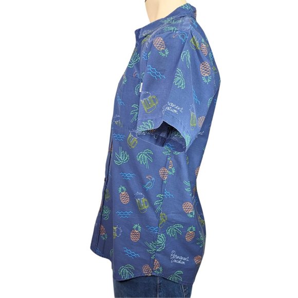 Party Pants NWT Med Short Sleeve Button Neon Sign Tropical Hawaiian Blue Shirt - Picture 4 of 10